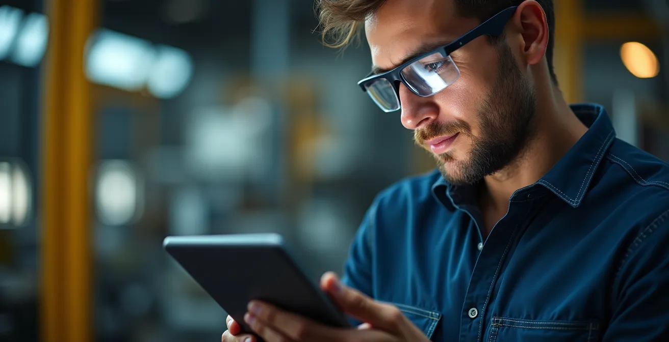 Portrait d'un technicien examinant des données sur tablette